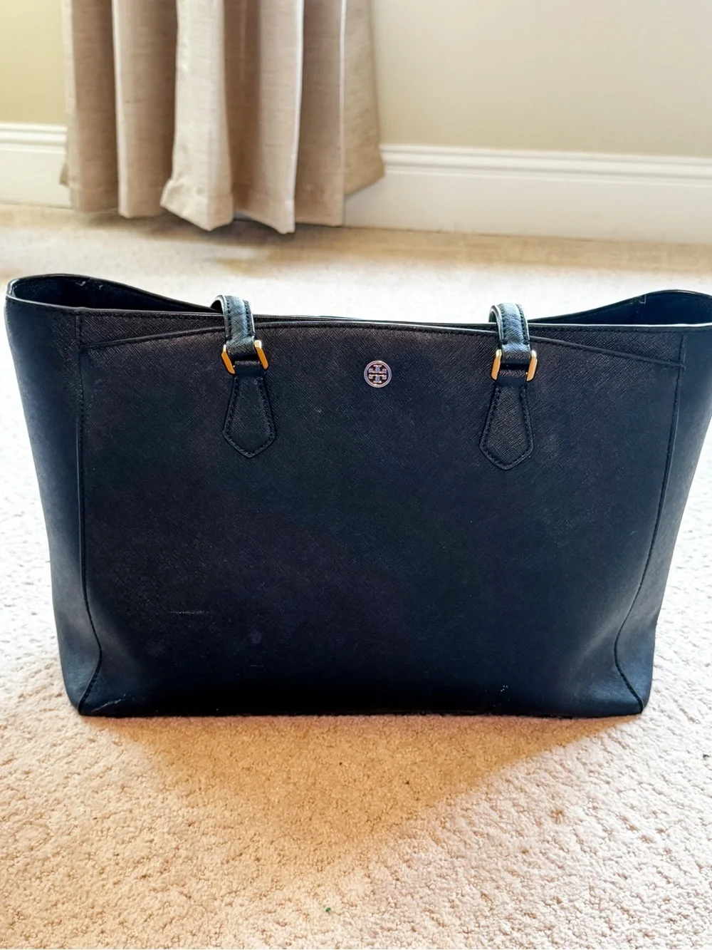 Tory Burch Black Leather Saffiano Tote with Gold Accents